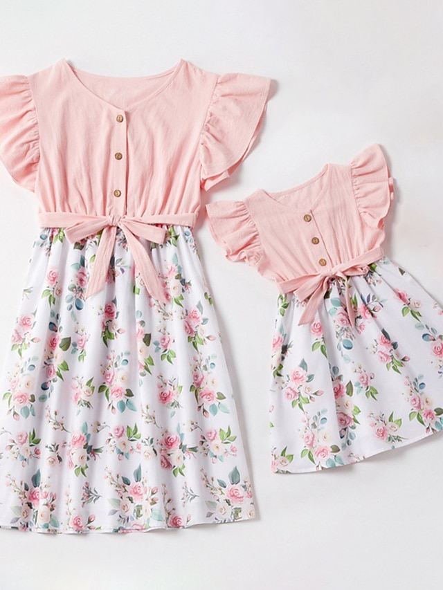  Mommy and Me Children's Day Dress Floral Color Block Drawstring Blushing Pink Sleeveless Above Knee Vintage Matching Outfits / Ruffle / Sweet / Print