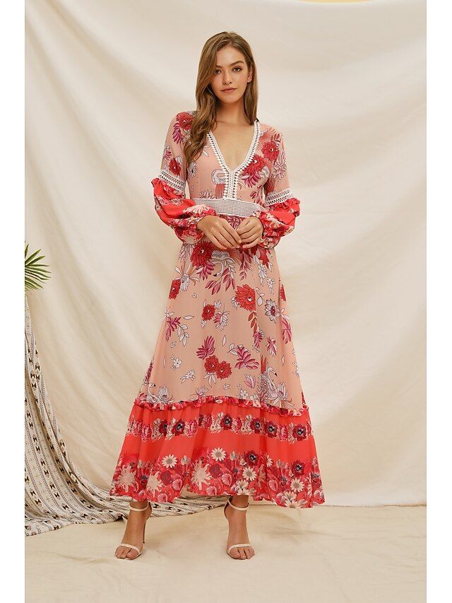  Women's Swing Dress Maxi long Dress Red Long Sleeve Floral Patchwork Print Fall Summer V Neck Elegant Mumu 2021 S M L XL XXL