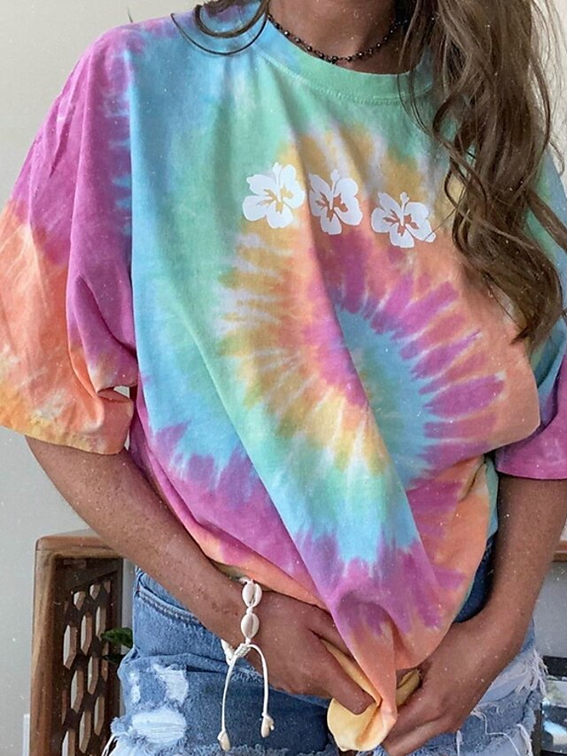  Women's T-shirt Tie Dye Round Neck Tops Cotton Basic Top Rainbow