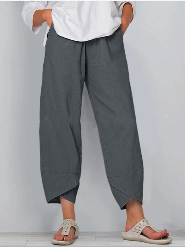  Women's Linen Pants Cotton Blend Solid Colored Black Blue Basic Mid Waist Casual Daily Summer Spring &  Fall