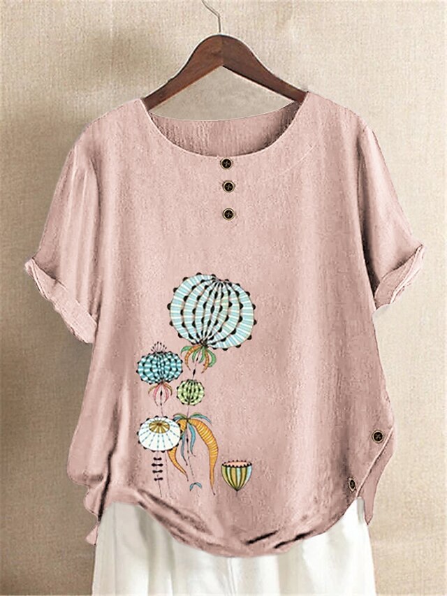  Women's Blouse Shirt Floral Pattern Flower Button Print Round Neck Basic Tops Cotton Blushing Pink Green