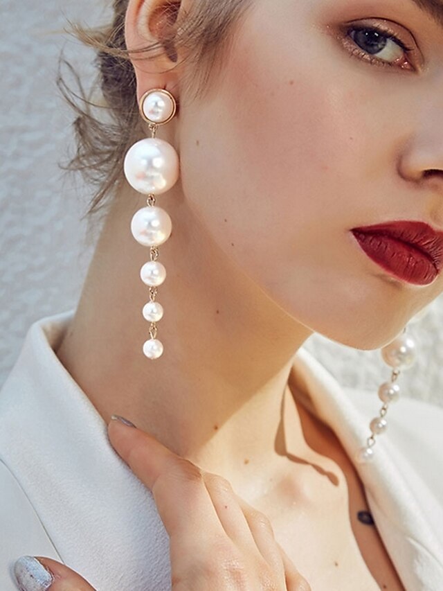  Damen Kreolen Kostbar Birne Künstliche Perle Ohrringe Schmuck Weiß Für Party