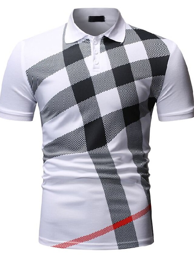  Men's Polo Check Short Sleeve Daily Tops White Black Navy Blue