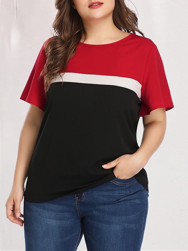 Women's Blouse Color Block Plus Size Patchwork Short Sleeve Daily Tops Basic Punk & Gothic Red