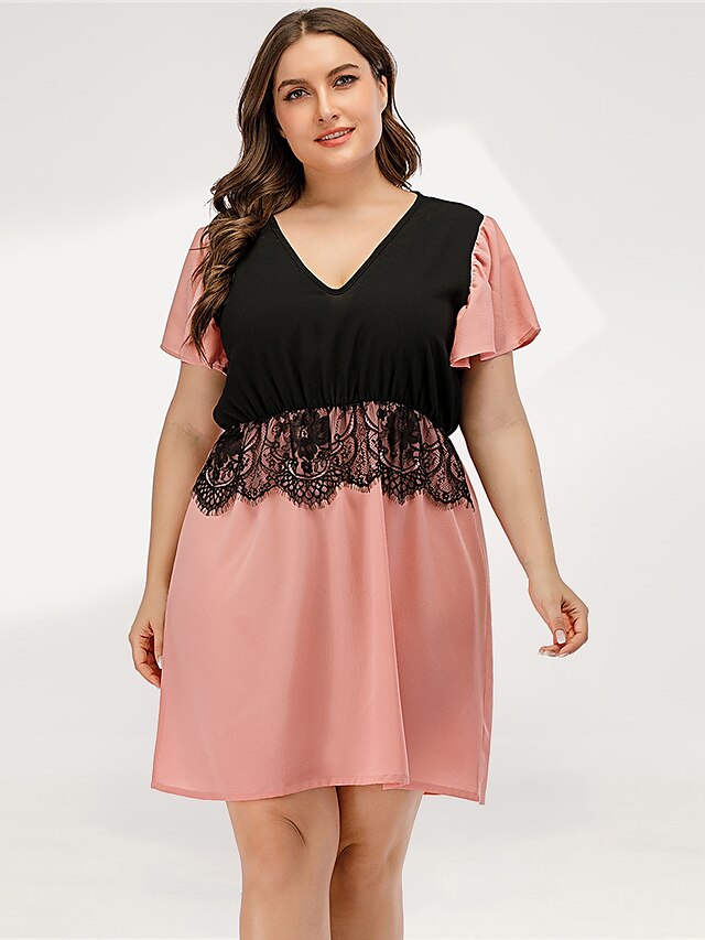  Women's Sheath Dress Short Mini Dress Blushing Pink Short Sleeve Solid Color Lace Summer V Neck Elegant Casual 2021 L XL XXL 3XL 4XL / Plus Size