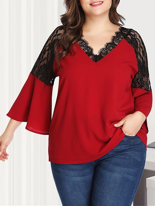  Women's Blouse Plain Solid Colored V Neck Sexy Plus Size Blouses Daily Going out 3/4 Length Sleeve Lace Patchwork Tops Elegant Sexy Green Red