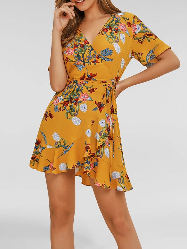  Femme Basique Asymétrique Gaine Robe - A Volants Mosaïque Imprimé, Fleur Jaune L XL XXL Manches Courtes