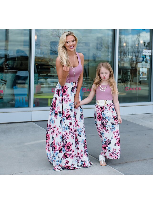  Mommy and Me Dress Floral Purple Sleeveless Maxi Basic Matching Outfits