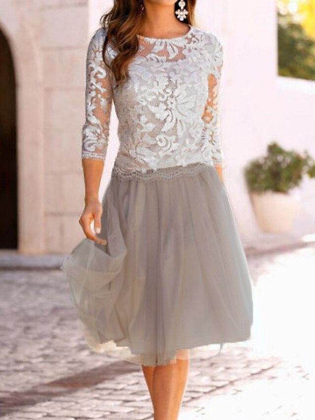  Women's A-Line Dress Knee Length Dress 3/4 Length Sleeve Mesh Lace Spring & Summer Elegant Beige M L XL XXL 3XL
