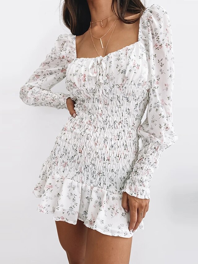  Women's Sundress Short Mini Dress White Long Sleeve Floral Ruched Print Fall Summer Square Neck Hot Elegant Holiday Going out Slim 2021 S M L