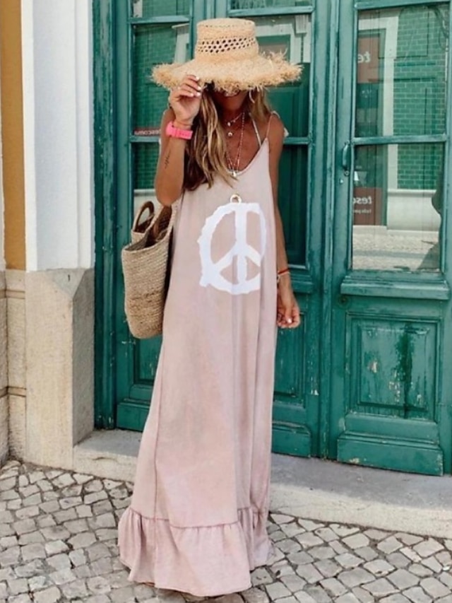  Women's Strap Dress Maxi long Dress Blushing Pink Sleeveless Print Summer V Neck Elegant 2021 S M L XL XXL
