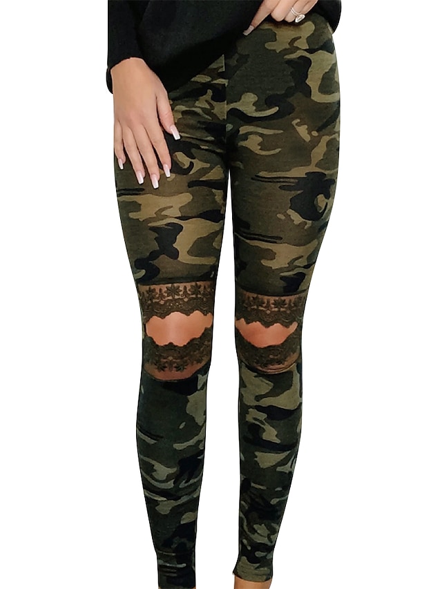  Women's Basic Daily Chinos Pants Print Cut Out Army Green