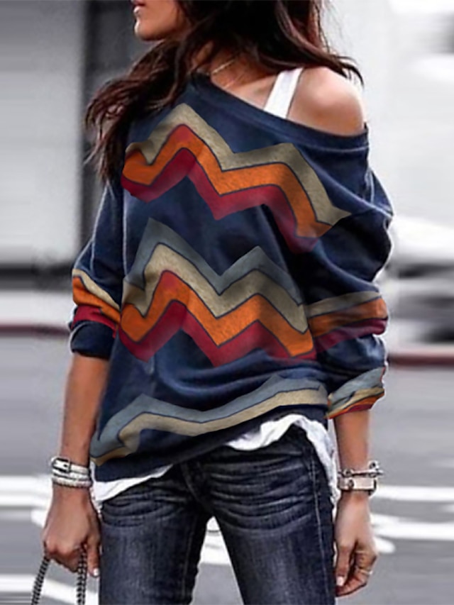  Women's Striped Pullover Long Sleeve Sweater Cardigans One Shoulder Fall Spring Navy Blue