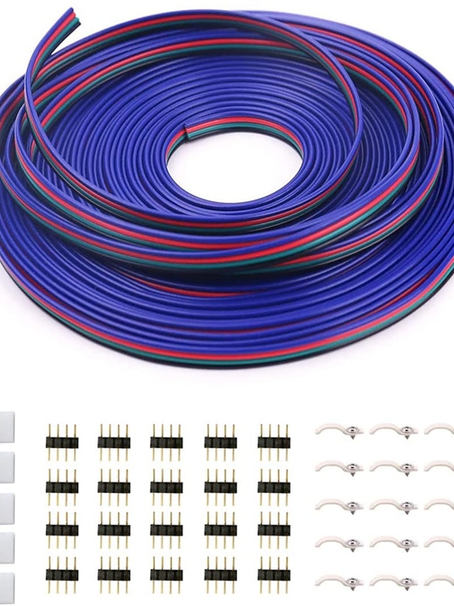  5M 4 Pin RGB Extension Cable Wire Cord for 5050 3528 Color Changing Flexible LED Strip Light with 10x Gapless LED Strip Connectors 20x LED Strip Clips 20x 4 Pin Male to Male Connector