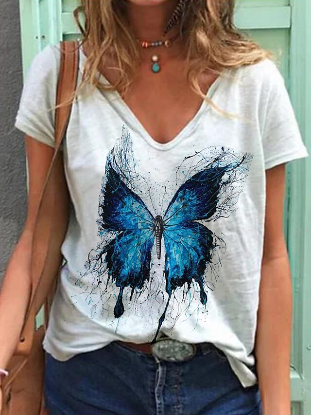 T shirt Tee Femme du quotidien Papillon Imprimé Animal Manches Courtes Col V Imprimer Blanche Hauts Standard S / 3D effet