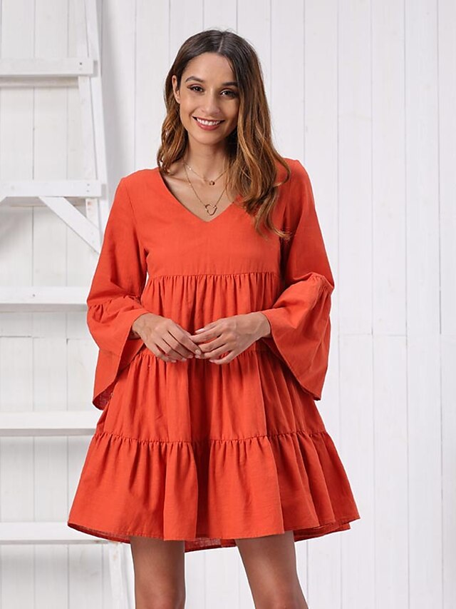 Women's Swing Dress Short Mini Dress Red Orange Long Sleeve Solid Color Ruched Ruffle Summer V Neck Elegant 2021 S M L XL