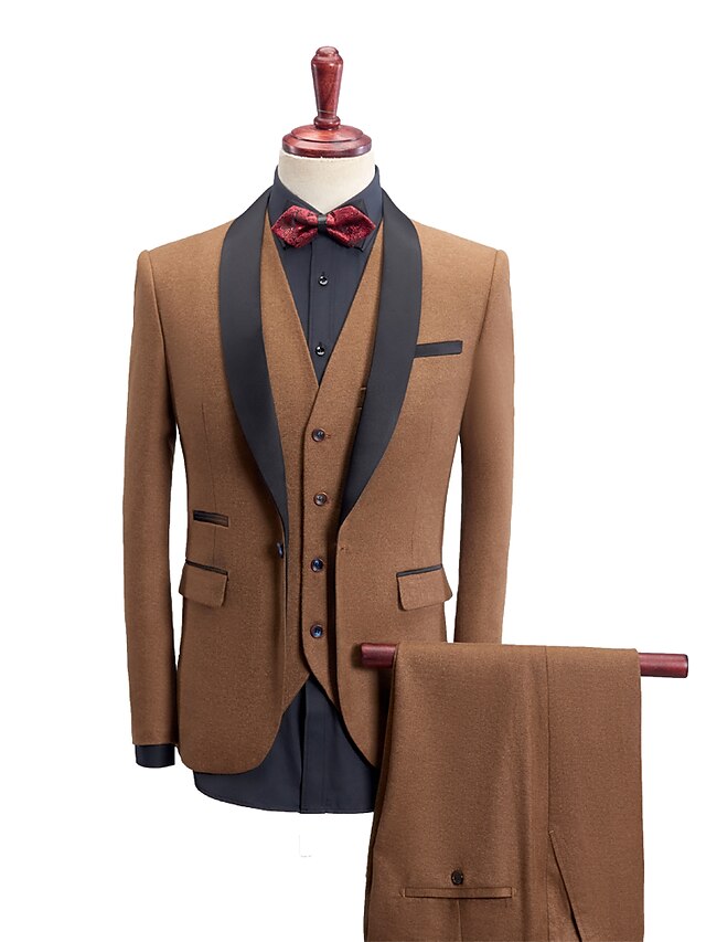  Black / Blue / Wine Solid Colored Regular Fit Polyester Men's Suit - Shawl Lapel