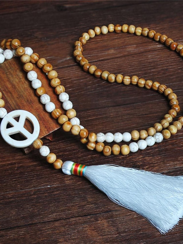  Women’s Long Necklace with Stone  Wood  and Tassel