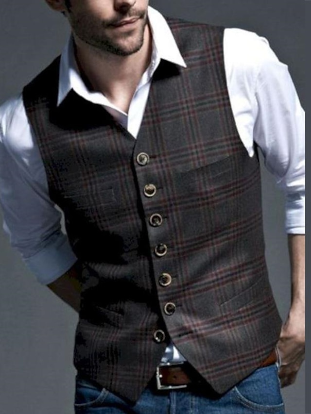  Men's Vest Waistcoat Plaid Slim Polyester Men's Suit Black - V Neck