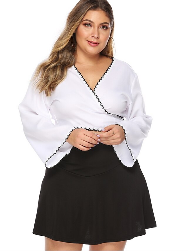  Damen Übergrössen Bluse Hemd Solide Langarm V-Ausschnitt Oberteile Basic Top Weiß