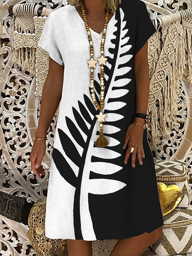  Women's Shift Dress Knee Length Dress White Short Sleeve Black & White Geometric Print Summer V Neck Hot Casual 2021 M L XL XXL 3XL