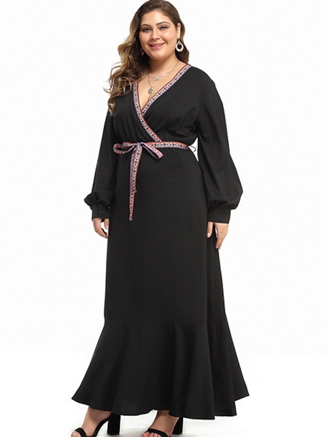  Mujer Vestido de Vaina Vestido largo maxi Negro Manga Larga Color sólido Otoño Escote en Pico Casual 2021 4XL 5XL / Tallas Grandes