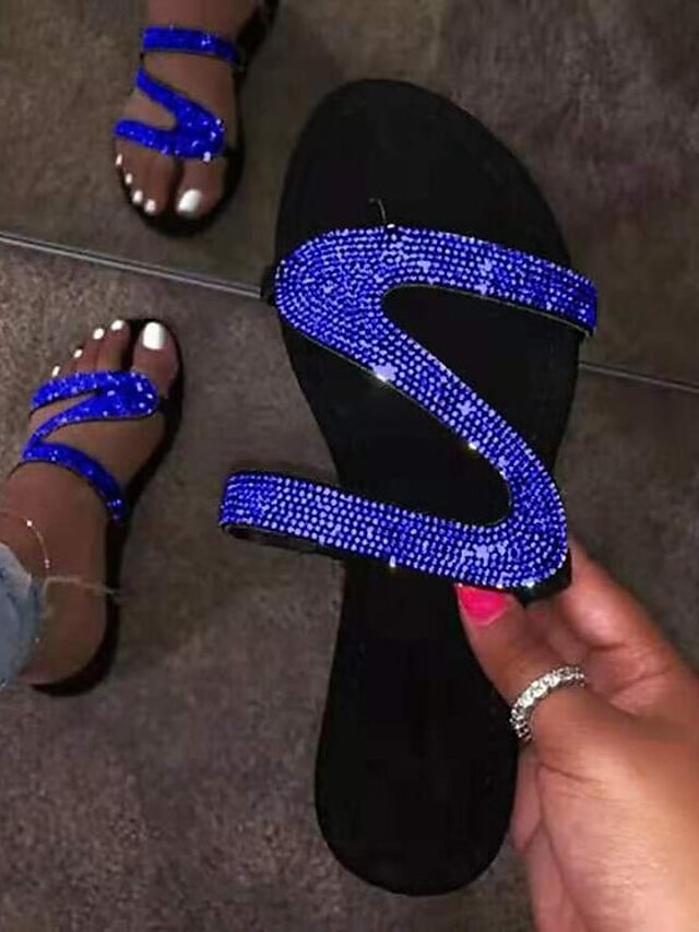  Women's Sandals Boho / Beach Glitter Crystal Sequined Jeweled Flat Sandals Flat Heel Round Toe Casual Sexy Daily Rhinestone Solid Colored PU Summer Black / Blue / Pink