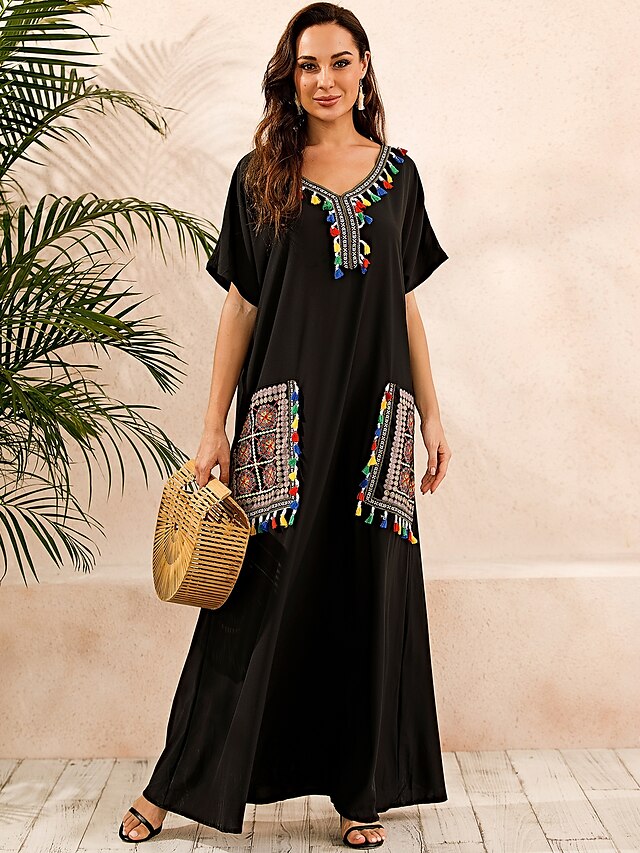  Women's Kaftan Dress Maxi long Dress Black Short Sleeve Print Summer V Neck Hot Casual Boho vacation dresses 2021 S M L XL XXL 3XL 4XL 5XL / Plus Size
