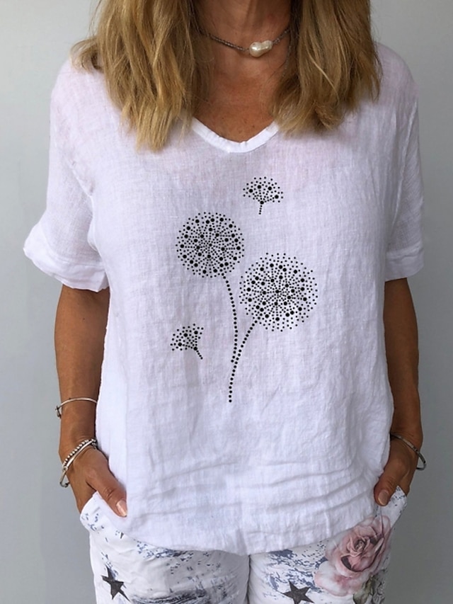  Dame T-shirt Lyseblå Grå Hvid Blomstret Blomst Daglig Kortærmet V-hals S / Sommer