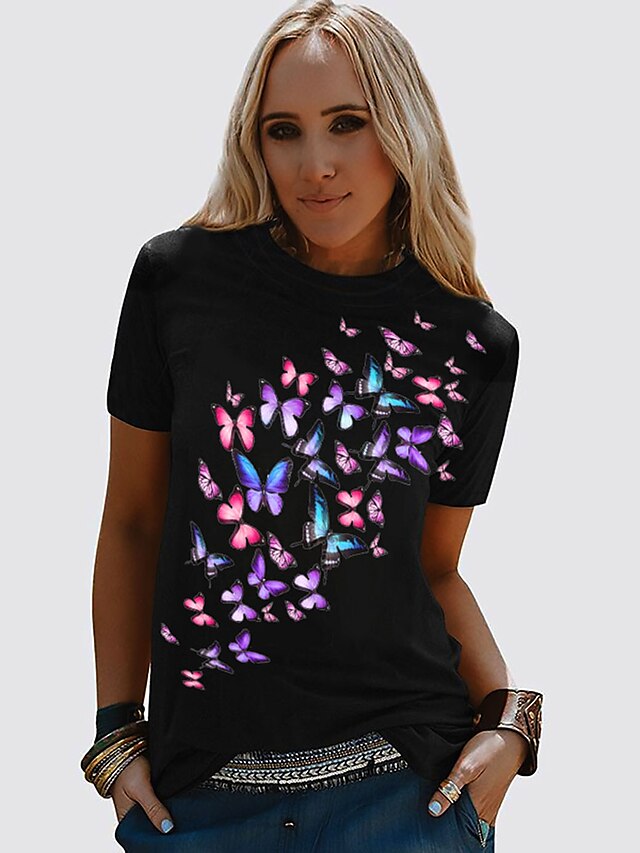  Damen T-Shirt Schmetterling Grafik-Drucke Rundhalsausschnitt Grundlegend Oberteile Lose Schwarz / 3D-Druck