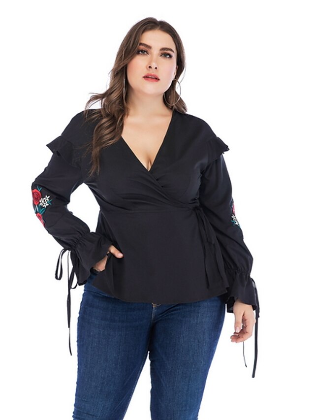  Mujer Camisa Blusa Negro Color sólido Manga Larga Diario Sensual Escote en Pico Ajuste regular sexy blusas de talla grande