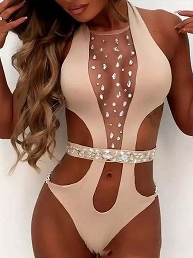  Women's Swimwear One Piece Monokini Bathing Suits trikini Normal Swimsuit Color Block See Through Glitter White Black Pink Bathing Suits Party Sexy Sexy / Swimming / New / Padless