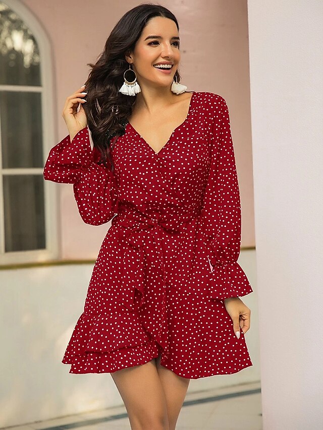  Women's Sheath Dress Short Mini Dress Red Long Sleeve Polka Dot Ruffle Summer V Neck Sexy 2021 S M L XL