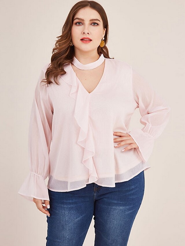  Women's Shirt Blouse Pink Solid Colored Long Sleeve Daily Choker V Neck Regular Fit Plus Size Spring