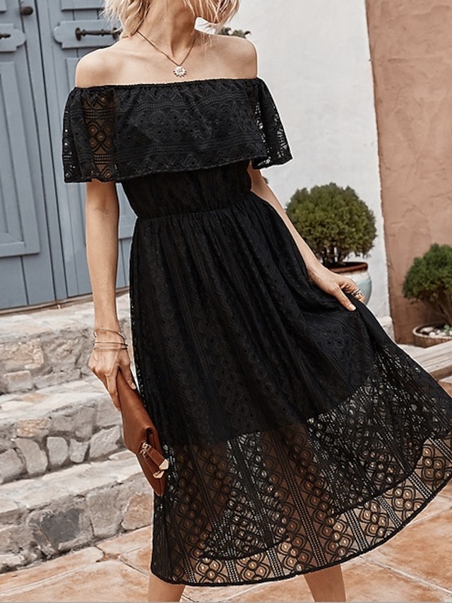  Women's A Line Dress Midi Dress Black Yellow Blushing Pink Short Sleeve Solid Color Summer Off Shoulder Sexy 2021 S M L XL