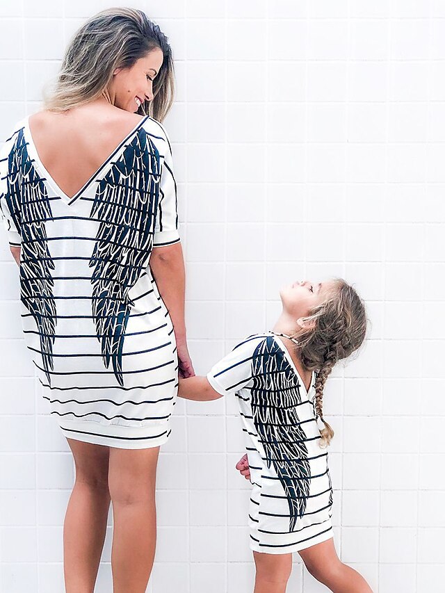  Mommy and Me Dress Black & White Striped Graphic Geometric Print Short Sleeve Active Sweet Knee-length White