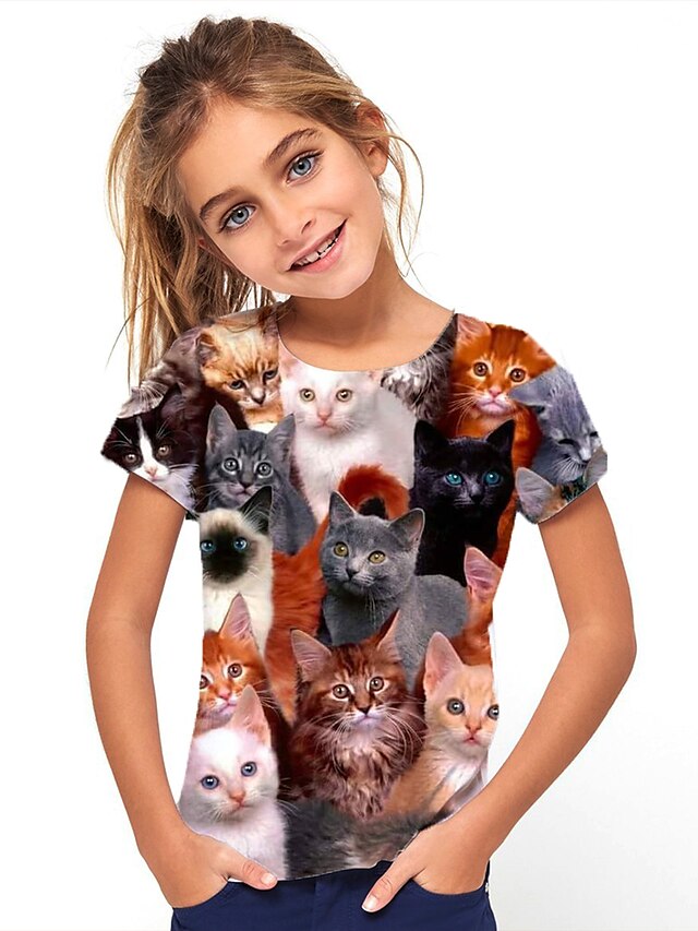  Kids Girls' T shirt Tee Short Sleeve Cat Animal Print Black Children Tops Basic Cute