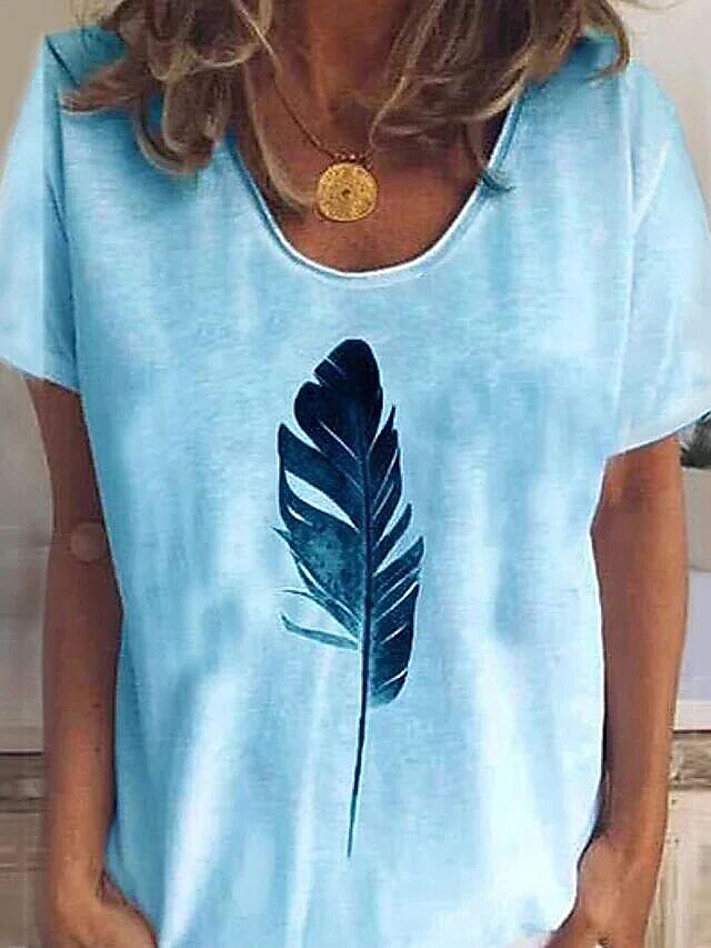  Women's T shirt Tee Gradient Feather Daily Short Sleeve T shirt Tee V Neck Loose White Light Blue S / 3D Print