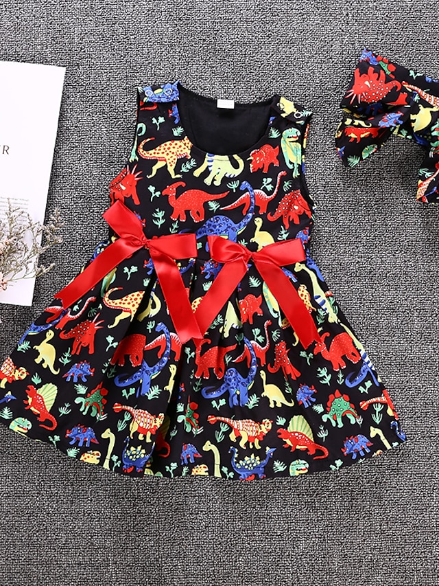  Kids Little Girls' Dress Dinosaur Animal Bow Rainbow Knee-length Sleeveless Active Basic Dresses Children's Day Slim