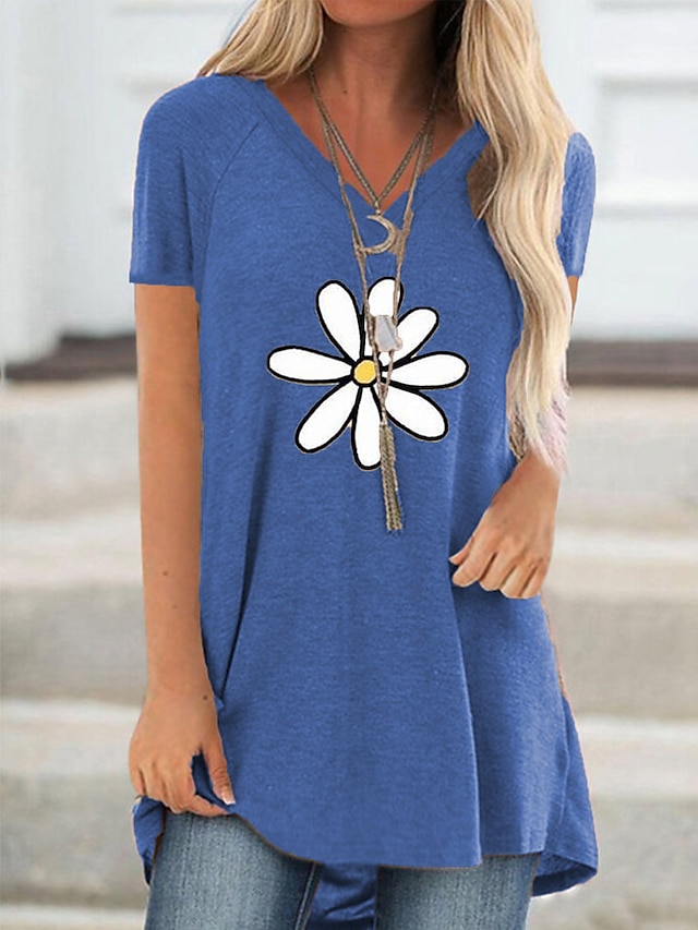  Women's T shirt Dress Tunic T shirt Floral Flower Print V Neck Basic Tops Cotton Blue Khaki Gray
