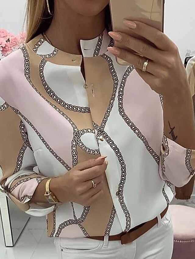  Dame Bluse Skjorte Grafisk Fargeblokk Geometrisk Rund hals Elegant Mote Gate stil Topper Rosa