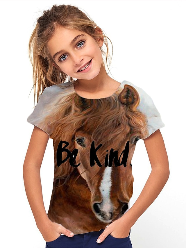  Kids Girls' T shirt Tee Short Sleeve Unicorn Animal Print Brown Children Tops Basic Cute