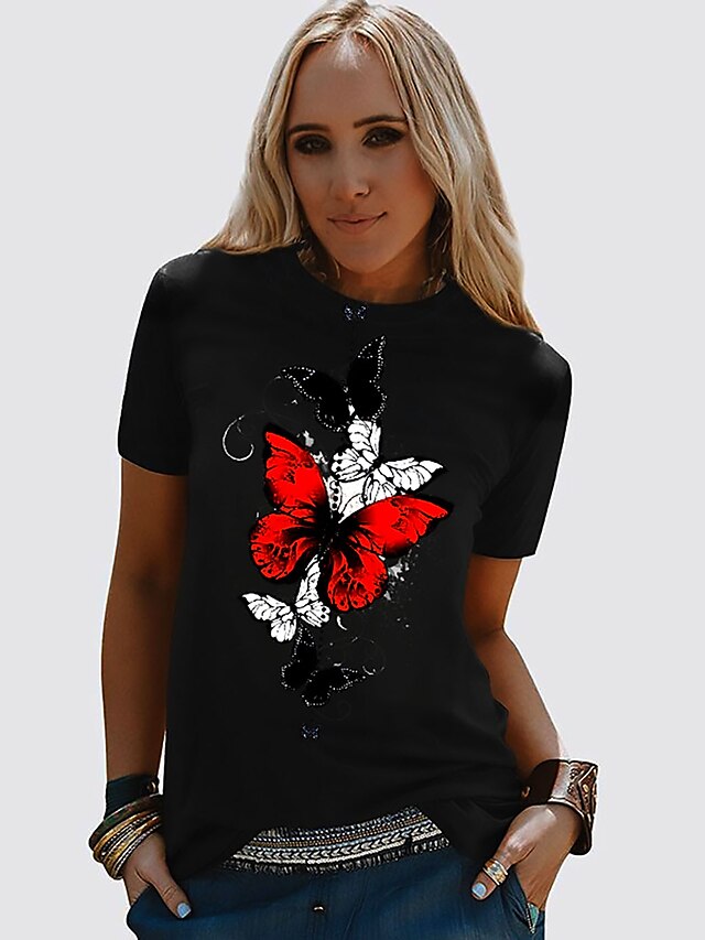  Women's T shirt Butterfly Graphic Prints Round Neck Basic Tops 100% Cotton Black