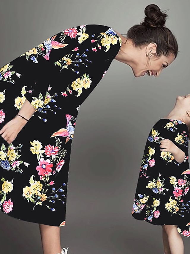  Mommy and Me Dress Floral Graphic Geometric Print Half Sleeve Vintage Sweet Knee-length Black