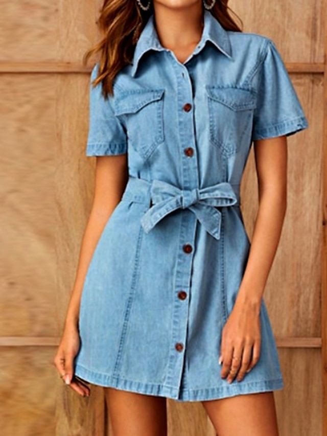  Women's Denim Shirt Dress Short Mini Dress Light Blue Short Sleeve Solid Color Summer Shirt Collar Hot Casual 2021 S M L XL XXL