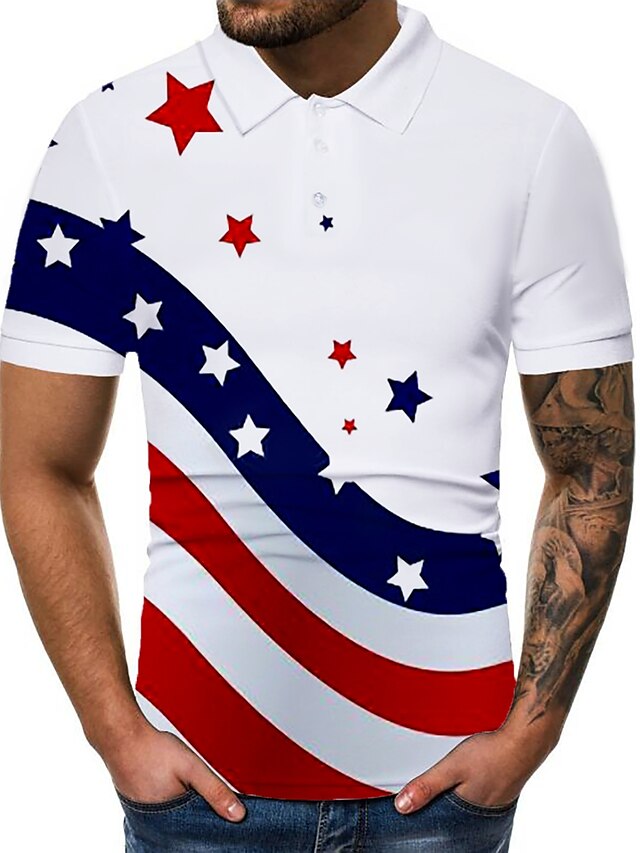  Men's Golf Shirt Tennis Shirt Graphic National Flag Collar Button Down Collar Daily golf shirts Short Sleeve Print Tops Basic White