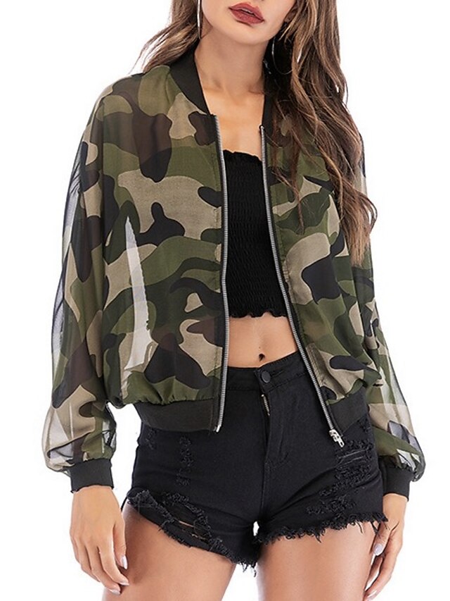  Women's Jacket Bomber Jacket Varsity Jacket Sporty Daily Coat Regular Polyester Army Green Fall Spring Stand Collar Loose S M L XL / Camo / Camouflage