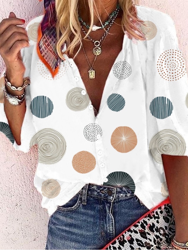  Women's Blouse T shirt Shirt Polka Dot Graphic Long Sleeve Print V Neck Basic Tops White