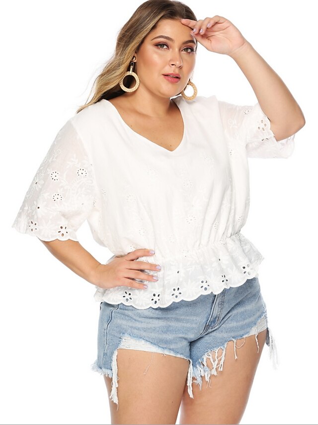  Women's Plus Size T shirt Solid Colored V Neck Tops Cotton White