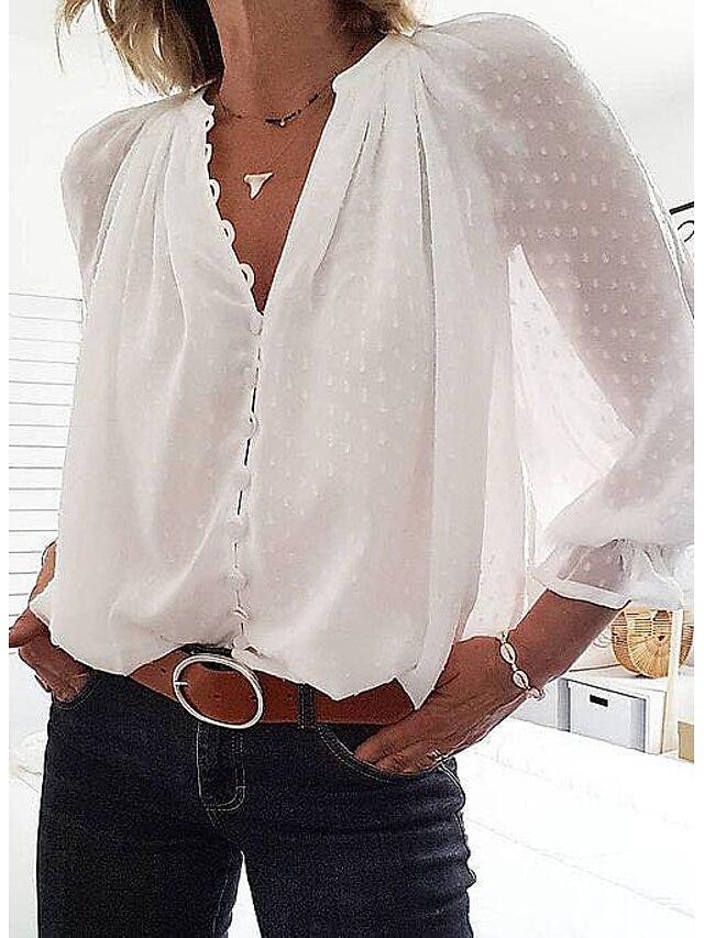 Per donna Camicia Blusa Bianco Tinta unita Manica lunga Da tutti i giorni Streetwear A V Standard